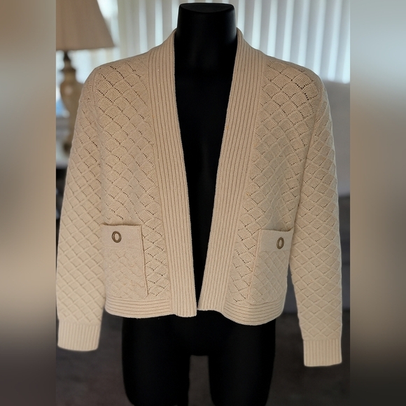 POL Cardigan Cream Knit Gold Thread Sequin Detail Boho Cropped Sweater M - Picture 10 of 10